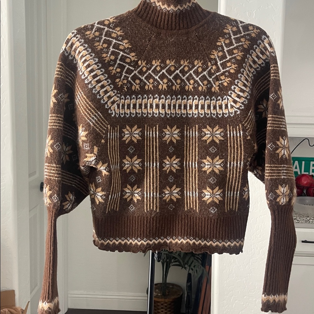HOUSE OF HARLOW 1960 Brown Mock Neckline Double Zipper Wool Blend Sweater Size S - Picture 2 of 16